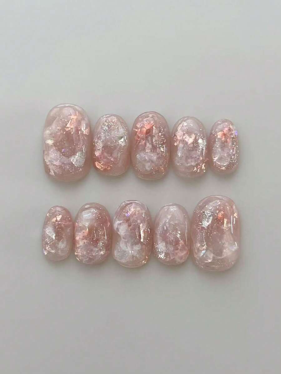 10 pezzi di unghie finte corte a forma ovale, rosa e bianche, con effetto occhio di gatto, realizzate a mano, delicate, adatte per donne e ragazze, per primavera, estate, autunno, inverno, feste e uso quotidiano