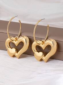 1 Đôi bông tai mặt dây chuyền hình trái tim rỗng tối giản bằng kim loại, phù hợp với trang phục hàng ngày và hẹn hò của nữ giới. - Vàng - Xem 2