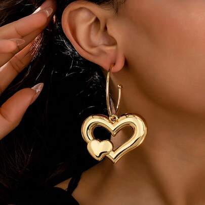 1 Đôi bông tai mặt dây chuyền hình trái tim rỗng tối giản bằng kim loại, phù hợp với trang phục hàng ngày và hẹn hò của nữ giới.