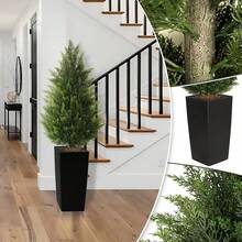 Artificial Topiary Cedar Tree 4ft Faux Plants Indoor Realistic Cypress Tree 2 Set Outdoor Evergreen Fake Shrubs With Square Flower Pot For Home Living Room Front Porch Christmas Decor 2026 Upgrade - Black Planter - 查看 3