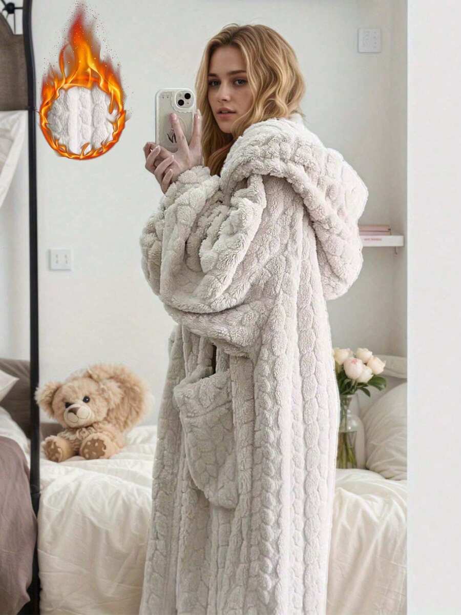 Women's Winter Rabbit Pattern Hooded Coral Fleece Robe, Cute Thick Pajamas, Solid Color Knitted Fabric, Button Detail, 100% Polyester, Adult Winter Warm Bathrobe - Multicolor - View 1