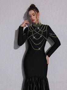 Elegante vestido largo de noche de sirena con mangas largas, cuello en pico y aplicaciones de plumas, ajustado, para bodas, banquetes y fiestas