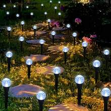 (Upgraded Larger Size) 1 Pack 20 LED Solar Powered Pathway Lights, Paper Box Packaging 3.6cm Crystal Bubble Ball, Turns Off During Daytime, Lights Up At Night, Fairy Tale Path Lights, 8 Lighting Modes For Camping, Party, Trail, Summer, Lawn, Yard, Garden, Wedding Party, Christmas Decoration