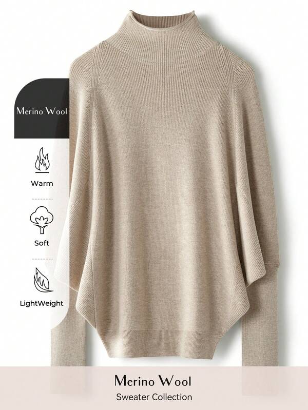 Women's Merino Wool Oversized Sweater 2025 Fall Winter Fashion Mock Neck Batwing Sleeve Knit Pullover Sweater