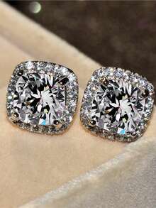 1 Pair Fashionable Minimalist White Cubic Zirconia Square Stud Earrings, Bling Bling Rhinestone Earrings For Women