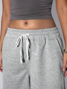 TypaGal Bermuda feminina casual cinza de malha com pernas largas e bolsos, outono inverno, casual, esportiva, chique, moderna, básica para sair - Cinza - Ver 5