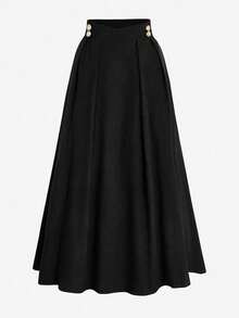 Women's Elegant High Waist Solid Color Pleated A-Line Skirt Black Spring - Black - View 3