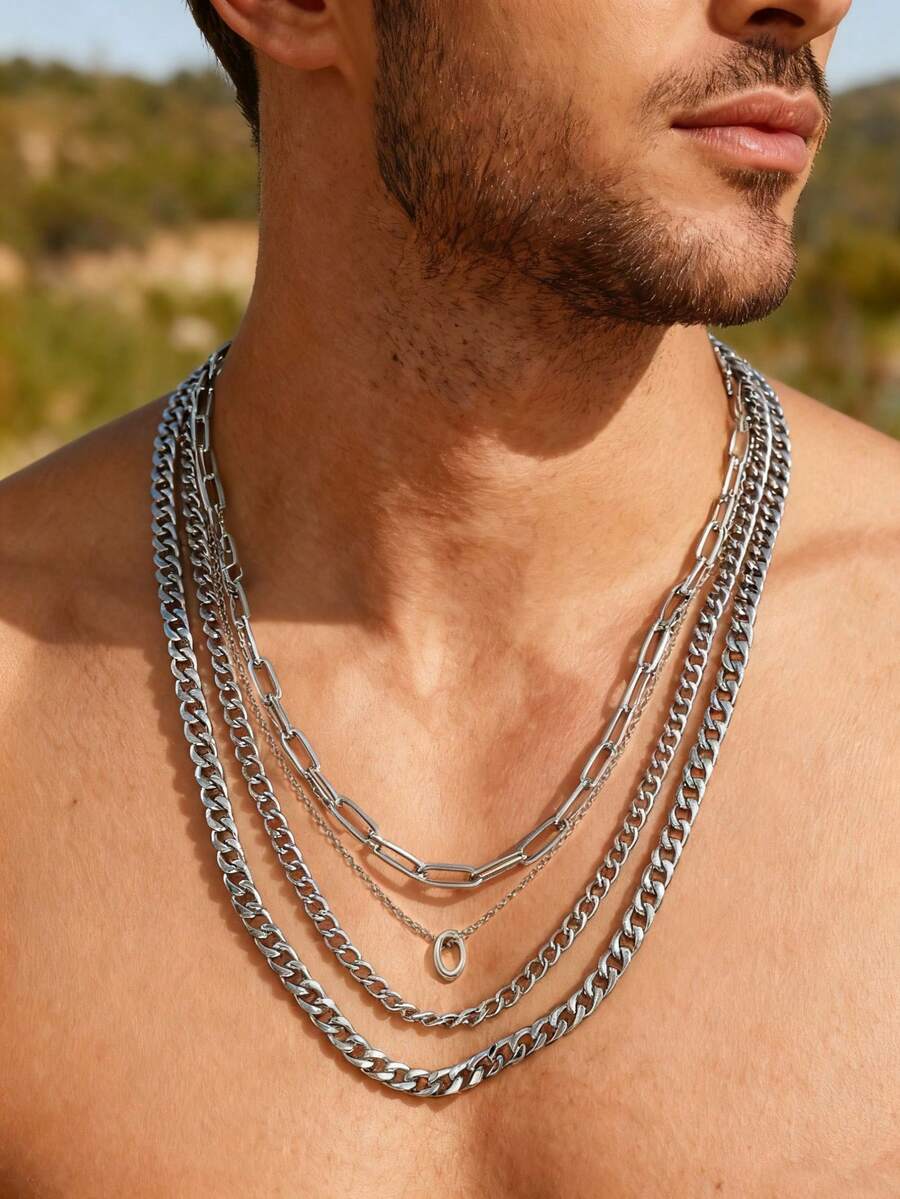 1pc Punk Metal Silver Cuban Link Chain Necklace, Fashion Choker Necklace For Men, Unisex Hip Hop Jewelry Accessory For Concerts, Parties, Bars