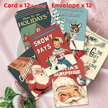 12pcs/24pcs Vintage Santa Claus & Reindeer Design Christmas Greeting Cards With Envelopes, Holiday & New Year Wishes, Chinese New Year Greetings, Christmas Winter Party Invitations, Christmas Decorations