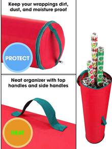 1pc Oxford Cloth Christmas Gift Packaging Storage Bag, Red Wrapping Paper Storage Bag With Green Handle, Easy To Carry Cylindrical Container - Red - View 3