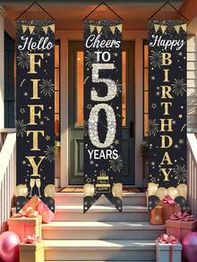 3pcs Black & Gold 50th Birthday Door Sign, Black & Gold Birthday Polyester Hanging Banner "Hello 50, Cheers To 50!", Balloon, Cake, Champagne, Firework Design 50th Birthday Decor, 50th Birthday Party Room Decoration - Black Gold 50th Birthday - View 7