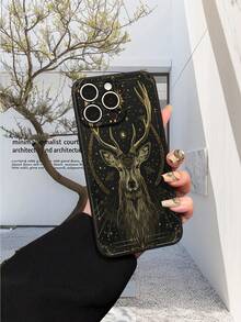 1pc Fashionable Gold Medal Deer Pattern Black Straight Edge Shockproof Protective Phone Case, Suitable For Men And Women, Ideal Choice For Fashion Enthusiasts, Minimalist And Stylish Design Compatible With Apple/Infinix/Vivo/OPPO