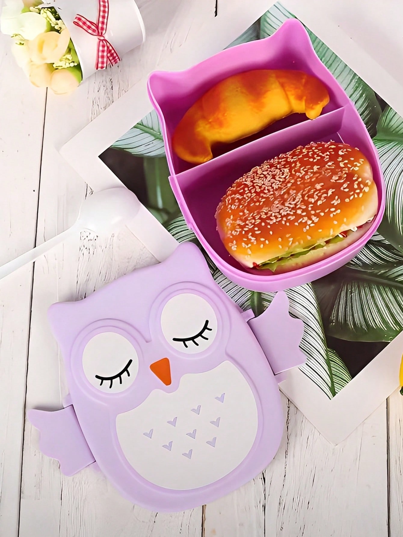 صندوق غداء محمول مزين بتصميم بومة كرتونية، مصنوع م...