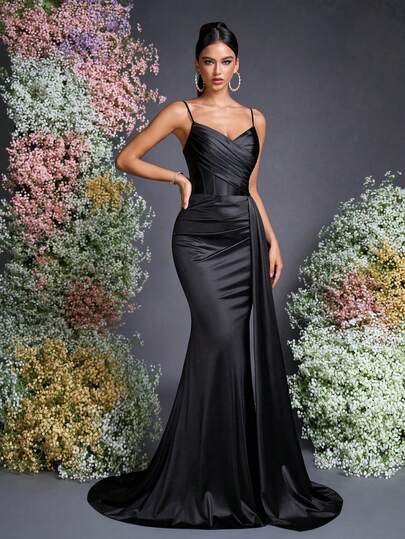 AOSHABABI High-End Black Elastic Spaghetti Strap Maxi Evening Dress, Satin Material With Sheen, Ruched Design To Accentuate Curves, Backless Tie-Up Details For Sexy Look