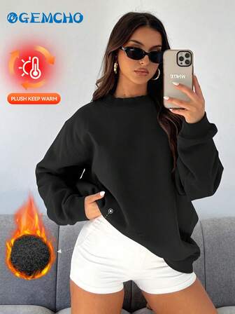 GEMCHO 厚手の暖かい裏地 カジュアル ミニマリスト ホリデー ラウンドネック ルーズフィット レディーススウェットシャツ、秋冬