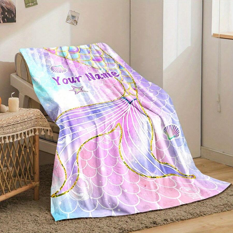 Custom Mermaid Tail Blanket - Personalized Name & Mermaid Tail Print, Soft Flannel All-Season Throw For Home, Camping, Travel, Office - Cozy Gift For Friends, Christmas, Holiday, Mermaid Party Decorations, Camping Blanket, Whimsical Design, Comfortable Feel