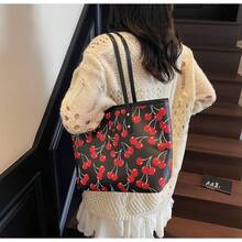 Cute Cherry Pattern Large Capacity Handbag| Women's Casual Versatile Shoulder Tote, Simple Fashion Shopping Bag, Everyday Work Purse - Black - View 6