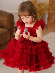 Baby Girls' Cap Sleeve Bow Tulle Burgundy Holiday Party Elegant Cute Princess Dress, Suitable For Baby Girl's 1st Birthday Gift, Banquet, Evening Party, Important Occasions, Festival Celebration - Burgundy - View 3