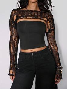 TypaGal 女式做旧黑色高领长袖套头毛衣透明上衣，外出上衣秋季秋冬休闲朋克黑色街头性感做旧黑色高领长袖套头毛衣透明上衣，外出上衣万圣节派对