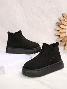 2025年新款青少年女孩厚底雪地靴，毛皮衬里，冬季保暖鞋 - 黑色 - 查看 8