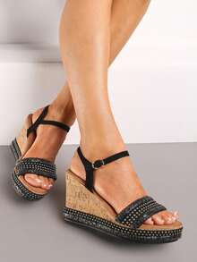 女士编织坡跟凉鞋 - 夏季休闲凉鞋