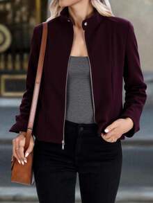 Chamarra invierno dama mujer corte corto tejido polar textura suave caliente calientito botones bolsillos manga larga cuello camisero recto casual día noche festival comida cena calle otoño invierno - Burdeos - Ver 4