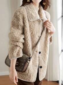冬季新款女士翻领单排扣休闲羊毛大衣，带口袋 - 彩色 - 查看 2