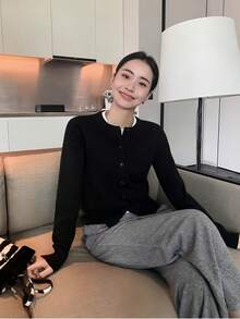 Nuevo cárdigan de punto de manga larga con cuello redondo, holgado y cómodo para primavera y otoño para mujer, cárdigan corto, suéter, chaqueta cárdigan negra