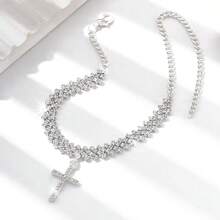 1pc Elegant Luxury Rhinestone Cross Design Anklet, Suitable For Women's Daily Wear