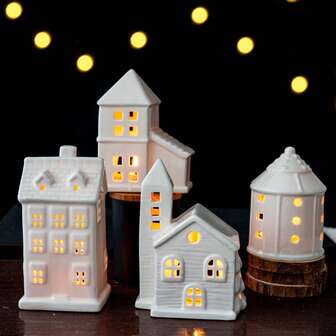 White Christmas Village Houses|Valentine's Day Candlestick Decoration, White Ceramic Village House Porcelain Wedding Decor For Decor Home Table Display,New Year Party Decoration
