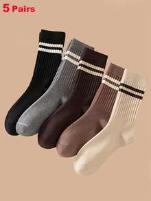 2/5 Pairs Women Slim Striped Mid-Calf Socks - Beige And Brown Striped Pattern, Suitable For Autumn/Winter, Machine Washable, Suitable For Casual And Formal Wear, Cute Socks, Casual Outfit, Fashionable Socks, Comfortable Style, Fashion Enthusiasts, Daily Socks, Fashionable Socks, Durable Material, Fashionable Women, Thick Socks, Fashion Buyers, Formal Wear, Fashionable Stripes, Outdoor Enthusiasts, Striped Pattern, Couple Socks