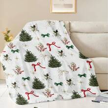 1 buc Pătură de flanel cu imprimeu de brad de Crăciun verde Fericit cu flori de fructe de pădure 70 * 100cm / 100 * 150cm / 130 * 150cm Pătură moale și caldă pentru decor acasă, animal de companie, pui de somn, birou, pat, cadou de Crăciun de toamnă/iarnă pentru familie sau prieteni, decor de Crăciun