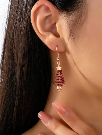 1 Pair Twinkle Star Spiral Christmas Tree Dangle Earring, Winter Holiday Festive Xmas Earring Jewelry Gift For Women And Girls