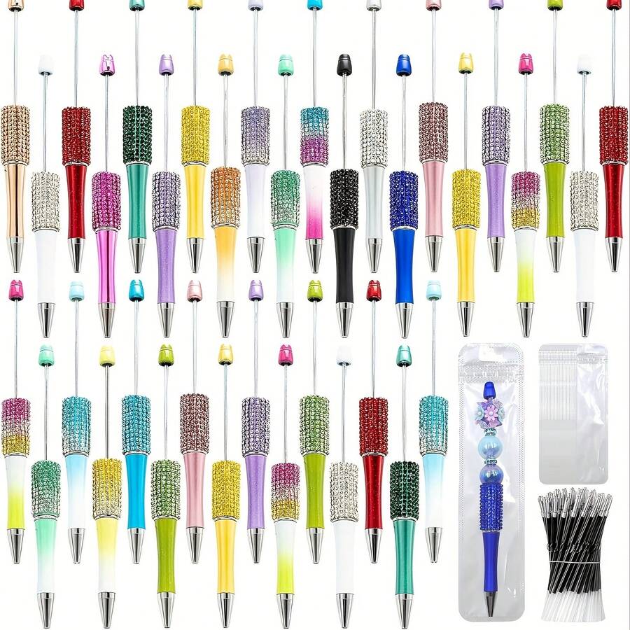 Stylo à paillettes multicolores avec pétales - Design de perles diamant de type clic, tige en plastique scintillante DIY, style tige perlée cool, encre noire pour artisanat DIY, fêtes et usage au bureau