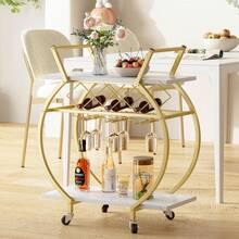 Bar Trolley 2 Tier Rolling Home Service Trolley With Wine Rack And Wheels, Modern Rustic Brown Metal Round Wine Trolley, Industrial Mobile Storage Kitchen Trolley For Kitchen, Bar, Living Room - 金色 - 查看 7