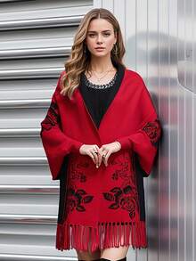 1pc Fringed Peony Flower Thickened Scarf Shawl Cloak Poncho Outerwear For Dress - Multicolor - View 7
