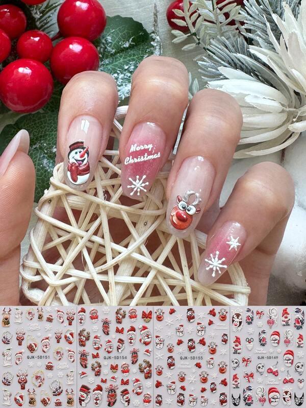 4pcs Christmas Glitter Manicure Relief Stickers - Santa Claus, Snowman, Snowflakes, Elk, Gingerbread Manicure Design For Christmas, Bells And Christmas Hats, Self-Adhesive Manicure Decals For Women, 5D Embossing Finishes, Cute, Shiny And Cartoon Themes, Easy To Apply Nail Decorations, DIY, Holiday Gifts, Party Makeup Styling, Y2K