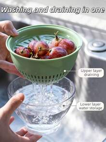 1pc 2-In-1 Thickened Fruit Bowl & Vegetable Basket, Cute Dual-Layer Washing Draining Basket For Home Use,Kitchen Items For Ultimate Kitchen Efficiency With Cozy Fall& Winter Styles, Sink Side Hygienic Kitchen Tools
