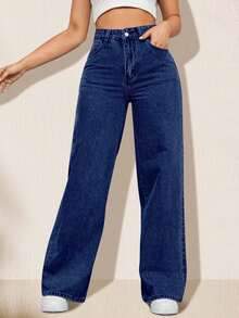 Jeans casuales de pierna recta y ajuste holgado para mujer con bolsillos, jeans rectos de moda, pantalones vaqueros holgados de mezclilla lavada, estilo vintage y casual, pierna ancha y talle alto para uso diario, cómodos, elásticos y aptos para todas las estaciones - Azul lavado oscuro - Ver 1