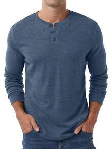 Men's Henley Long Sleeve Casual Classic Button Pullover Tee - Styles - Biru laut - View 4