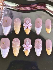 10 pezzi Unghie finte da donna a mandorla, punte francesi artigianali 3D con decorazioni floreali e gocce d'acqua multicolore, unghie acriliche lucide e complete, set per manicure con colla per unghie, regalo per Natale, feste di compleanno, collezione di unghie natalizie