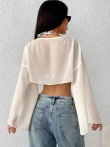 Cropped Tulle Long Sleeve Open Flowing Top - White - View 2