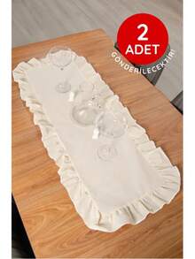 Linen 2-Piece Ruffled Table Runner Set | Elegant Dining Table Decoration | Durable & Stylish | 40 X 110 Cm - Made In Turkey - Creamy White - View 2