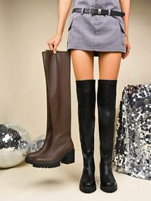 Fall/Winter Women's Elastic Thigh-High Waterproof Platform Chunky Heel PU Over-The-Knee Boots, Round Toe Fashion Motorcycle Combat Punk Boots For Party