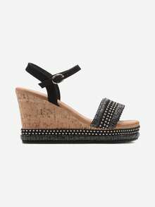 女士编织坡跟凉鞋 - 夏季休闲凉鞋