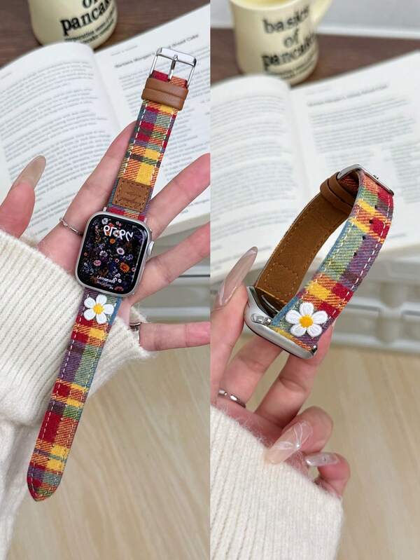 1 Stück Stoffband mit buntem Lederband kompatibel mit Apple Watch Armband für Frauen 38mm 40mm 41mm 42mm 44mm 45mm 46mm 49mm, Bänder kompatibel mit Apple Watch Armband Serie Ultra 10/9/8/7/6/5/4/3/2/1 SE