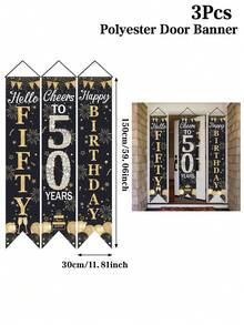 3pcs Black & Gold 50th Birthday Door Sign, Black & Gold Birthday Polyester Hanging Banner "Hello 50, Cheers To 50!", Balloon, Cake, Champagne, Firework Design 50th Birthday Decor, 50th Birthday Party Room Decoration - Black Gold 50th Birthday - View 12