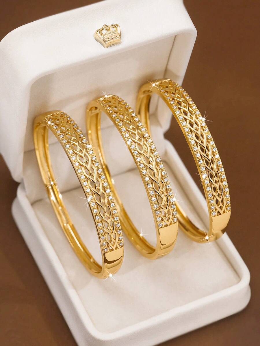 1/2/3 PiecesFashion Classic Double Row Cubic Zirconia Wheat Ear Hollowed-Out 18k Gold Bracelets With A Diameter Of 60mm That Can Be Opened, Suitable For Women's Daily Wear, Excluding Box - View 1