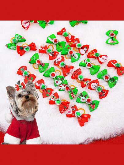 10件经典圣诞红绿宠物头饰，迷你可爱宠物毛发装饰配件，圣诞狗狗配饰，适合长毛猫和小型犬，款式随机