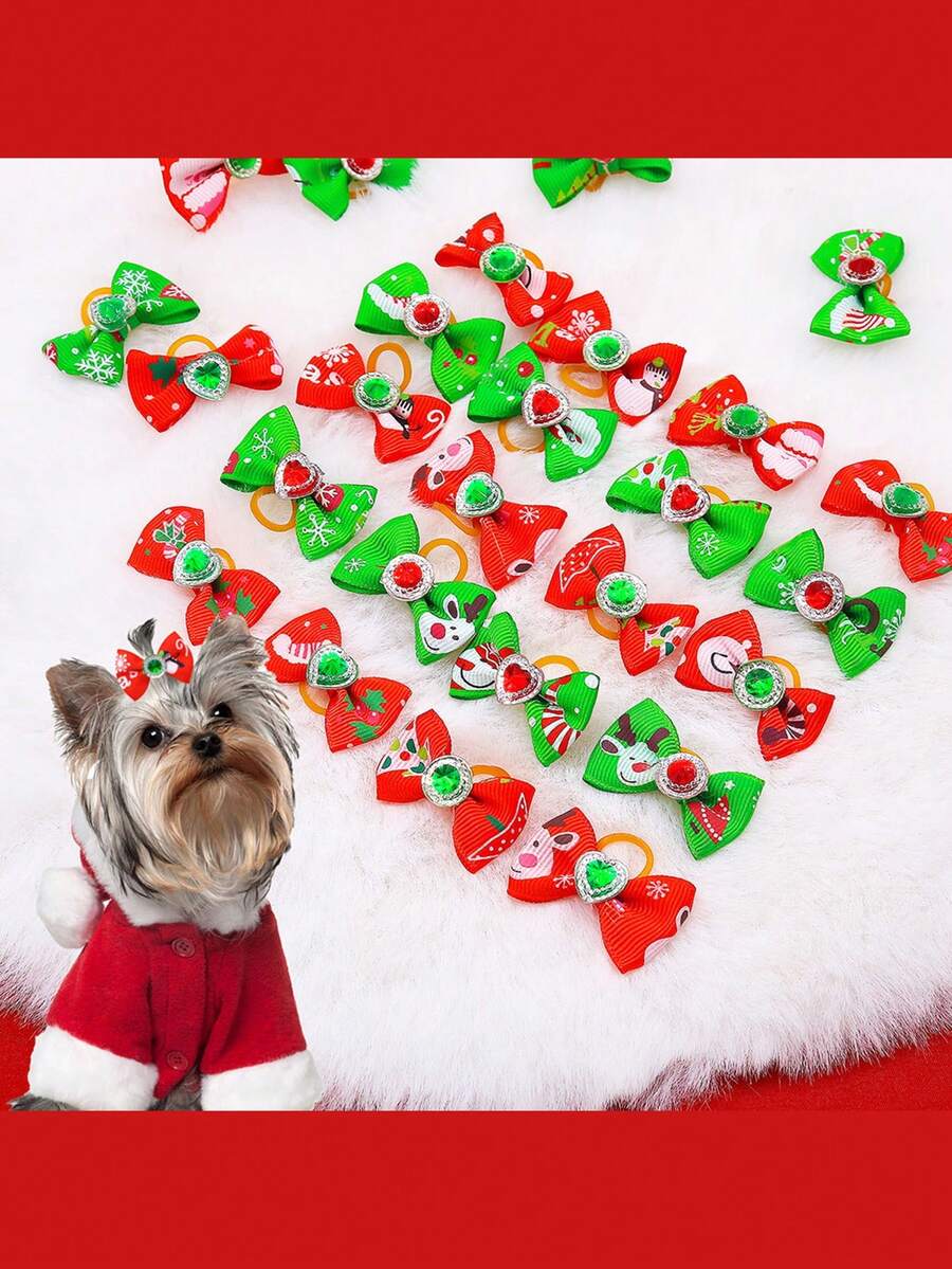 10件经典圣诞红绿宠物头饰，迷你可爱宠物毛发装饰配件，圣诞狗狗配饰，适合长毛猫和小型犬，款式随机 - 彩色 - 查看 1